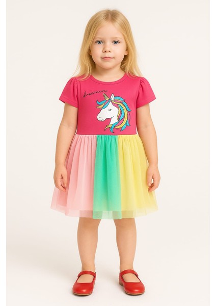 Kız Çocuk Unicorn Baskılı Tüllü Etekli Doğum Günü ve Özel Gün Elbisesi