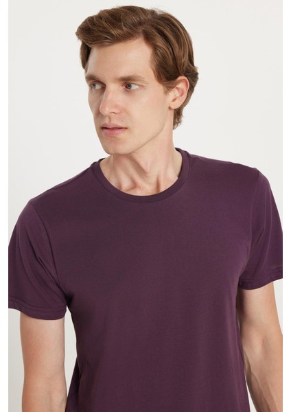 Unisex Slim Fit Dar Kesim %100 Pamuk Yumuşak Dokulu Mor Bisiklet Yaka Tişört