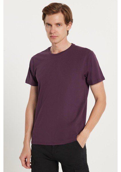 Unisex Slim Fit Dar Kesim %100 Pamuk Yumuşak Dokulu Mor Bisiklet Yaka Tişört fiyatları