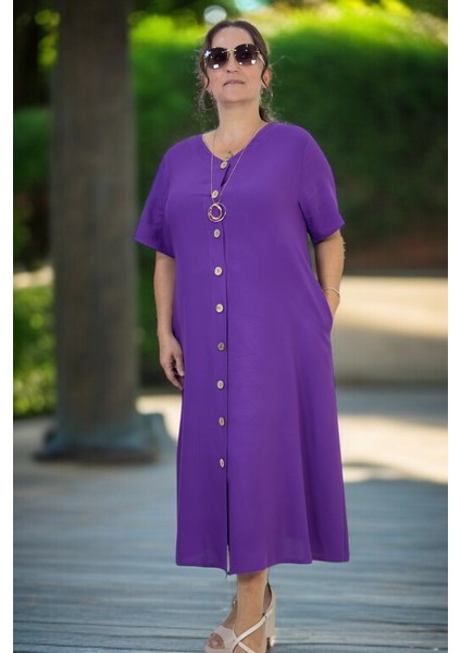 Yandan Cepli Kuşaklı Boydan Düğme Detaylı Kısa Kol Pamuklu Viskon Büyük Beden Elbise modelleri