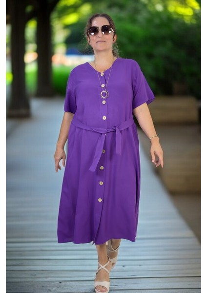 Yandan Cepli Kuşaklı Boydan Düğme Detaylı Kısa Kol Pamuklu Viskon Büyük Beden Elbise indirimleri