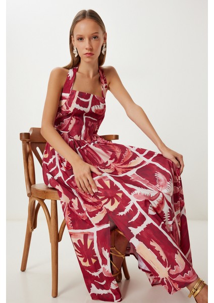 Desenli Yazlık Midi Poplin Elbise LUB0139 Bordo Sarı