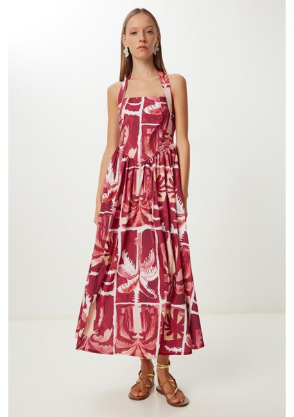 Desenli Yazlık Midi Poplin Elbise LUB0139 Bordo Sarı fiyatları