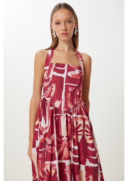 Desenli Yazlık Midi Poplin Elbise LUB0139 Bordo Sarı modelleri