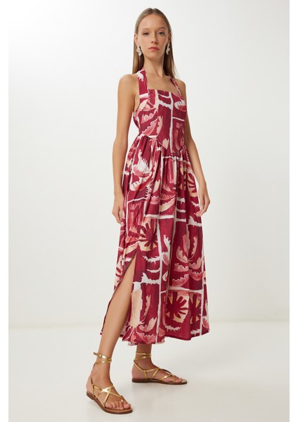 Desenli Yazlık Midi Poplin Elbise LUB0139 Bordo Sarı fırsatları