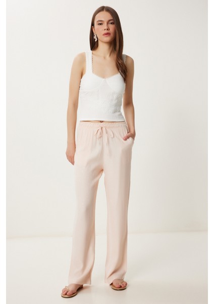 Desenli Yazlık Viskon Pantolon LWF0044 Pudra