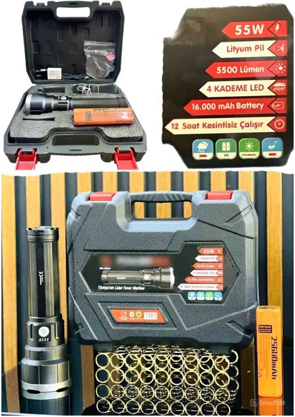 55W Şarjlı El Feneri Tip Büyüteç Camlı PD-13000 Profesyonel Büyük Fener 5500 Lümen