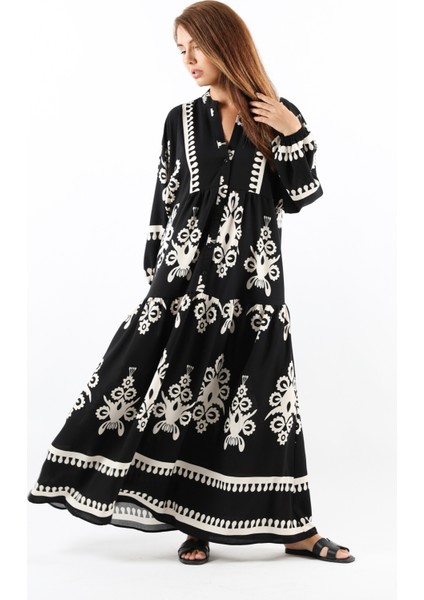 Prive Kadın Şal Desen Maksi Viskon Siyah Uzun Elbise fiyatları