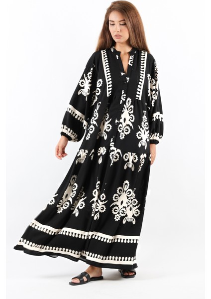 Prive Kadın Şal Desen Maksi Viskon Siyah Uzun Elbise modelleri