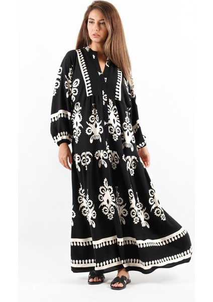 Prive Kadın Şal Desen Maksi Viskon Siyah Uzun Elbise indirimleri