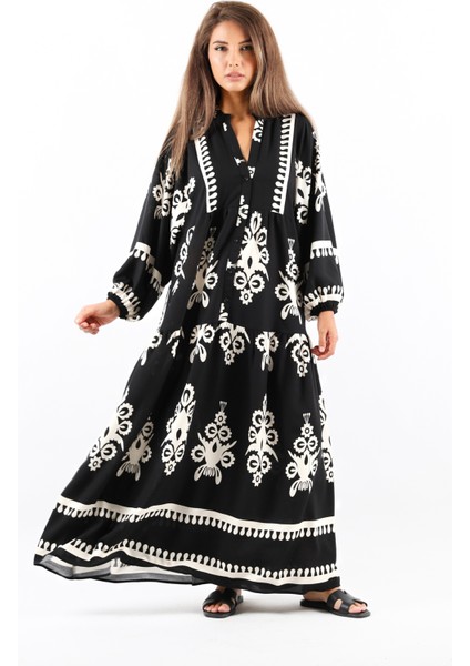 Prive Kadın Şal Desen Maksi Viskon Siyah Uzun Elbise