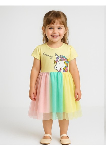 Kız Çocuk Unicorn Baskılı Tüllü Etekli Doğum Günü ve Özel Gün Elbisesi