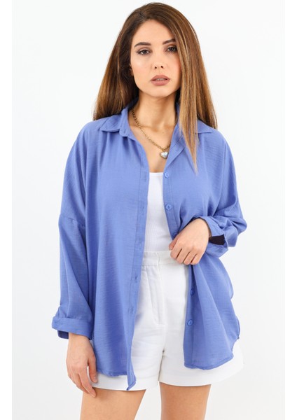 Kadın Keten Comfy Uzun Eflatun Gömlek fiyatları