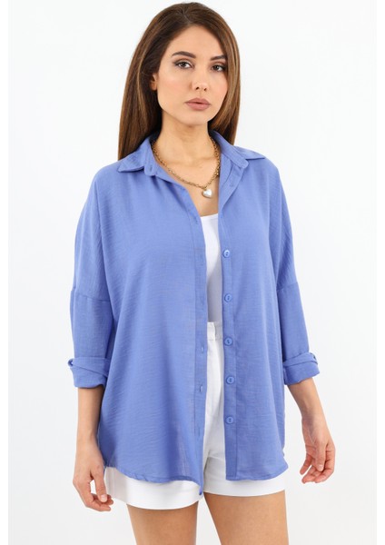 Kadın Keten Comfy Uzun Eflatun Gömlek fırsatları