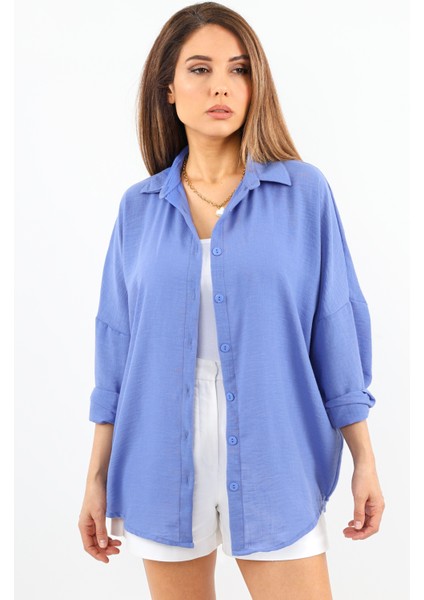 Kadın Keten Comfy Uzun Eflatun Gömlek indirimleri