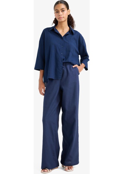 Wide Leg Çift Cepli Beli Lastikli Standart Boy Keten Karışımlı Pantolon E1981AX25SM