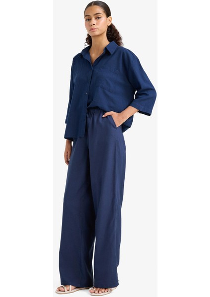 Wide Leg Çift Cepli Beli Lastikli Standart Boy Keten Karışımlı Pantolon E1981AX25SM fiyatları