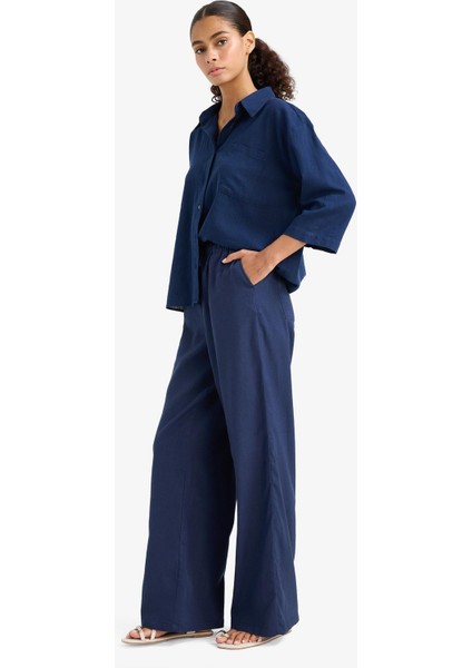 Wide Leg Çift Cepli Beli Lastikli Standart Boy Keten Karışımlı Pantolon E1981AX25SM indirimleri