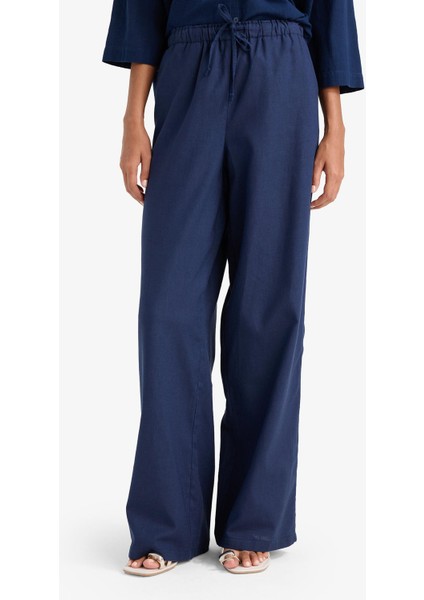 Wide Leg Çift Cepli Beli Lastikli Standart Boy Keten Karışımlı Pantolon E1981AX25SM