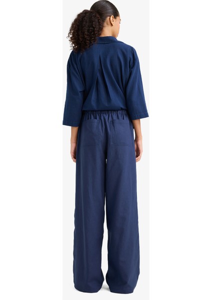 Wide Leg Çift Cepli Beli Lastikli Standart Boy Keten Karışımlı Pantolon E1981AX25SM