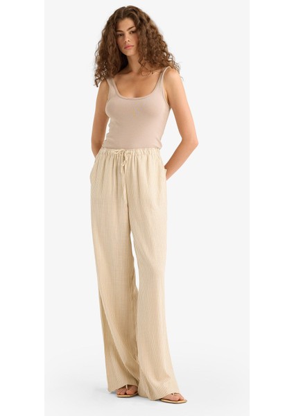 Wide Leg Çift Cepli Beli Lastikli Standart Boy Keten Karışımlı Pantolon E1994AX25SM