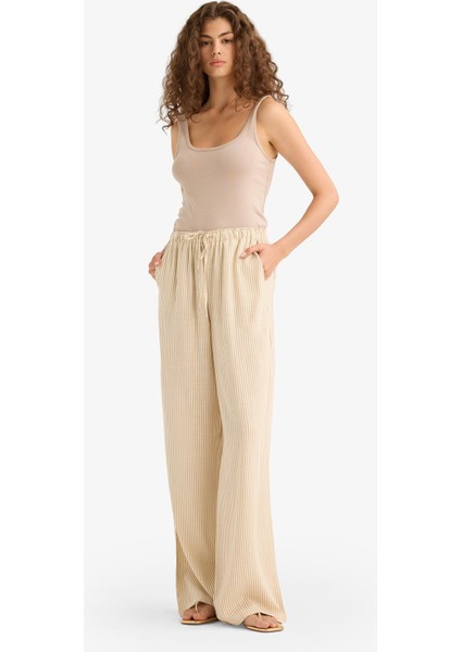 Wide Leg Çift Cepli Beli Lastikli Standart Boy Keten Karışımlı Pantolon E1994AX25SM fiyatları