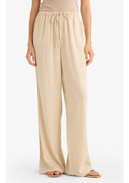 Wide Leg Çift Cepli Beli Lastikli Standart Boy Keten Karışımlı Pantolon E1994AX25SM fırsatları