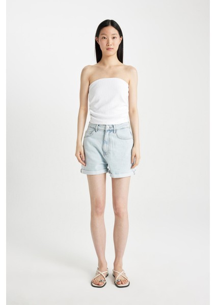 Mom Fit Yüksek Bel Katlamalı Paça Jean Şort