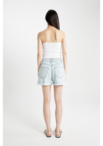 Mom Fit Yüksek Bel Katlamalı Paça Jean Şort