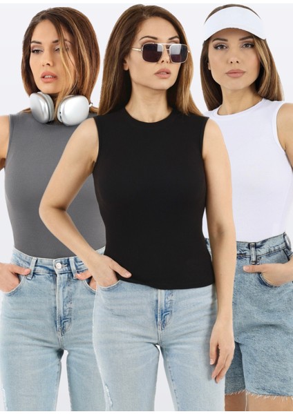 Kadın Kapalı Yaka 3’lü Pamuk Siyah Beyaz Antrasit Düz Kol Fitilli Atlet