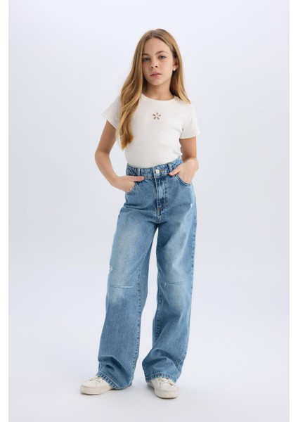 Kız Çocuk Wide Leg Yırtık Detaylı Geniş Paça Jean Pantolon fiyatları