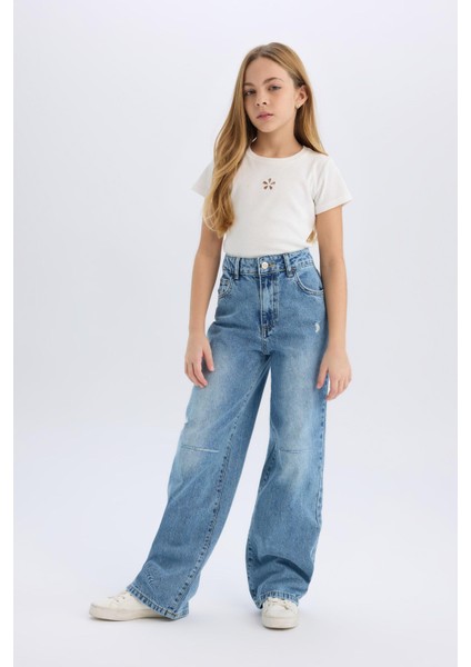 Kız Çocuk Wide Leg Yırtık Detaylı Geniş Paça Jean Pantolon modelleri