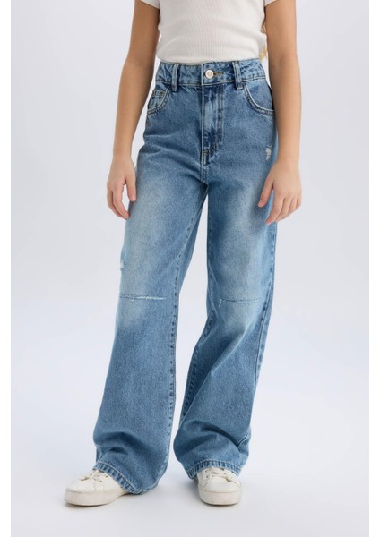 Kız Çocuk Wide Leg Yırtık Detaylı Geniş Paça Jean Pantolon fırsatları