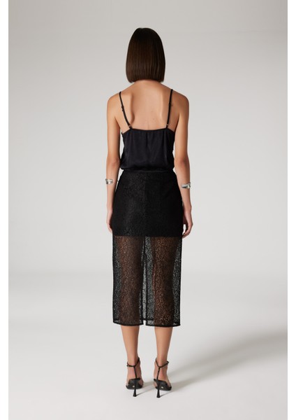 Sorbe x DeFacto Fermuarlı Dantel Kumaş Basic Düz Yırtmaçlı Midi Siyah Kalem Etek E0922Ax24AU