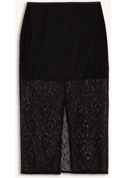 Sorbe x DeFacto Fermuarlı Dantel Kumaş Basic Düz Yırtmaçlı Midi Siyah Kalem Etek E0922Ax24AU