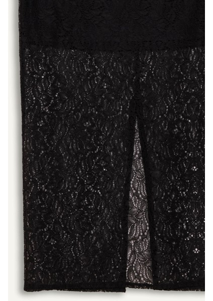 Sorbe x DeFacto Fermuarlı Dantel Kumaş Basic Düz Yırtmaçlı Midi Siyah Kalem Etek E0922Ax24AU