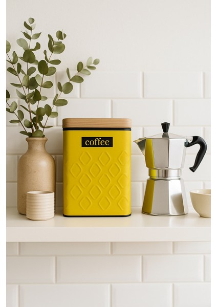 Ahşap Görünümlü Metal Kapaklı 1 Adet Gofreli Sarı Kahve Saklama Kutusu & Kavanoz 17*11*8 cm
