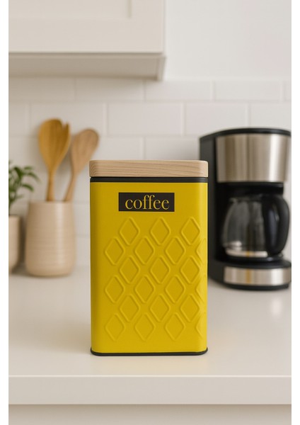 Ahşap Görünümlü Metal Kapaklı 1 Adet Gofreli Sarı Kahve Saklama Kutusu & Kavanoz 17*11*8 cm modelleri