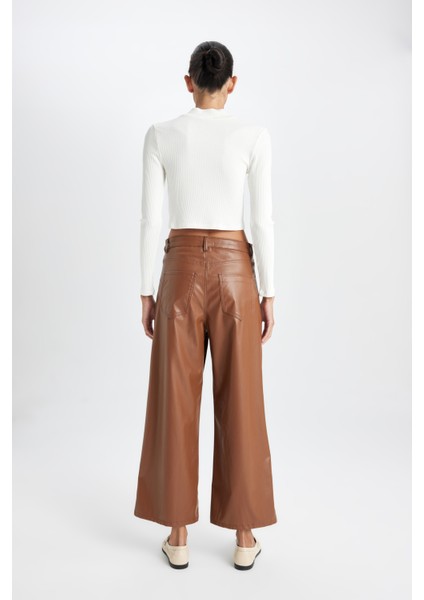 Culotte Crop Suni Deri Pantolon Yüksek Bel Geniş Bol Paça D5251AX24AU