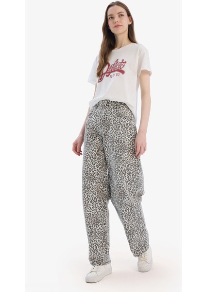 Baggy Fit Gabardin Pantolon Yüksek Bel Leopar Desenli Standart Boy D8149AX25SP fiyatları
