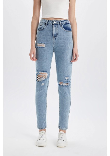 Lina Lina Mom Fit Yırtık Detaylı Yüksek Bel Bilek Boy Jean Yıkamalı Pantolon C2384AX24SM fırsatları