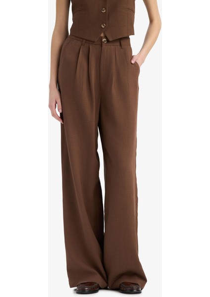 Wide Leg Fermuarlı Normal Bel Standart Boy Geniş Paça Keten Karışımlı Palazzo Pantolon E6210AX25SP indirimleri