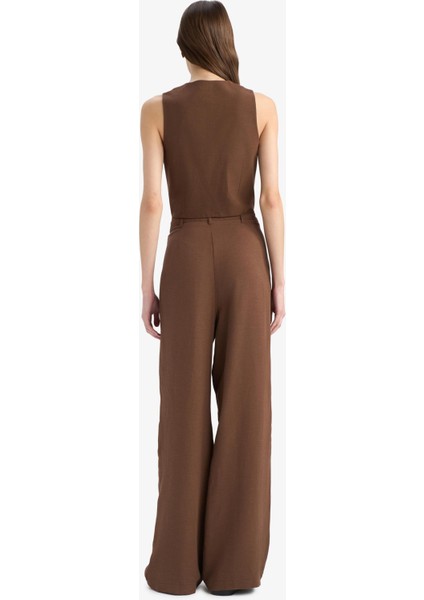 Wide Leg Fermuarlı Normal Bel Standart Boy Geniş Paça Keten Karışımlı Palazzo Pantolon E6210AX25SP