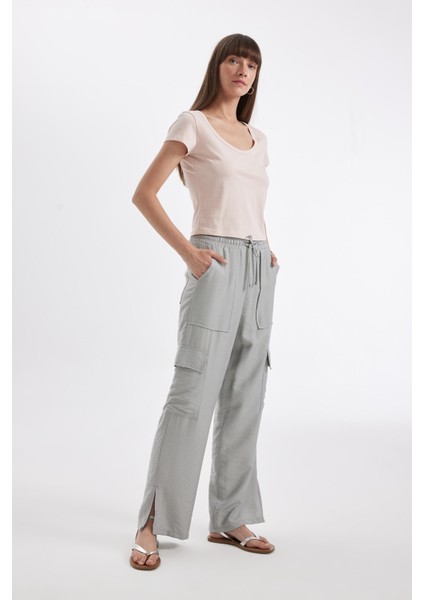 Wide Leg Dökümlü Kumaş Pantolon Beli Lastikli Bağcıklı Geniş Bol Paça Cepli Yüksek Bel Uzun Boy Paça Yırtmaçlı A9212AX24SM