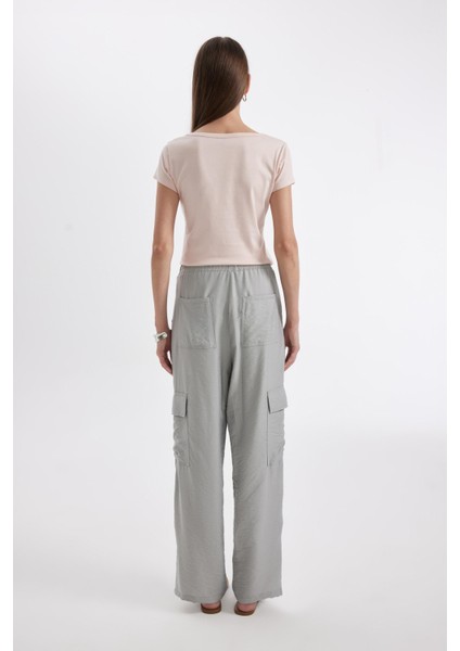 Wide Leg Dökümlü Kumaş Pantolon Beli Lastikli Bağcıklı Geniş Bol Paça Cepli Yüksek Bel Uzun Boy Paça Yırtmaçlı A9212AX24SM