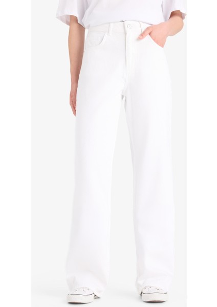 Straight Wide Yüksek Bel Uzun Beyaz Jean Pantolon E8014AX25SM fırsatları