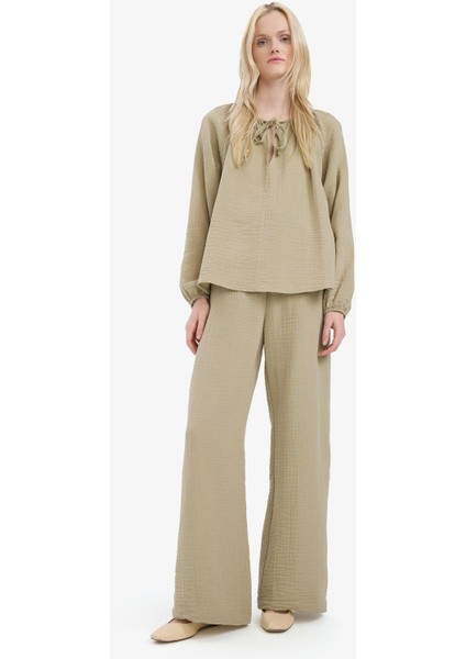Wide Leg Müslin Kumaş Palazzo Pantolon Çift Cepli Yüksek Bel Geniş Paça E3934AX25SM