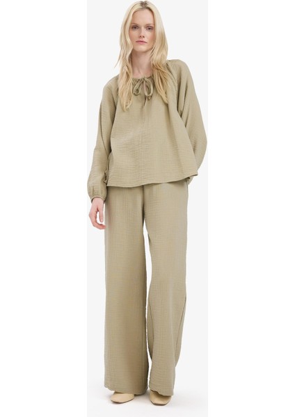 Wide Leg Müslin Kumaş Palazzo Pantolon Çift Cepli Yüksek Bel Geniş Paça E3934AX25SM fırsatları