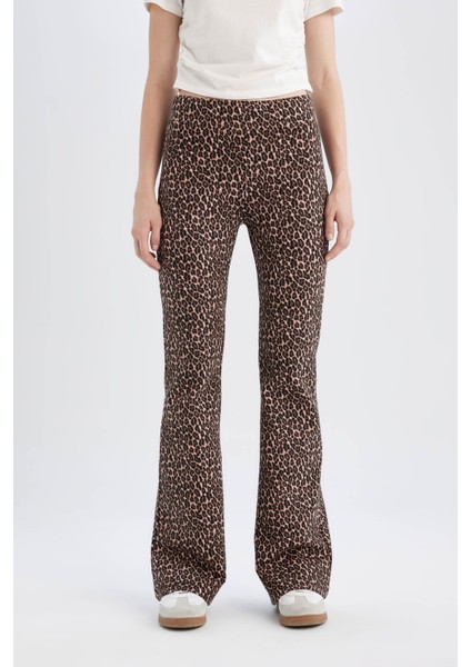 Flare Fit Leopar Desenli Düz Paça Uzun Boy Pantolon D7452AX24AU fırsatları