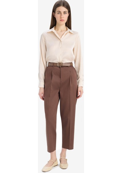 Carrot Fit Kemerli Klasik Pantolon Yüksek Bel Dar Paça Piliseli Basic Düz Kısa Paça D4282AX25SM